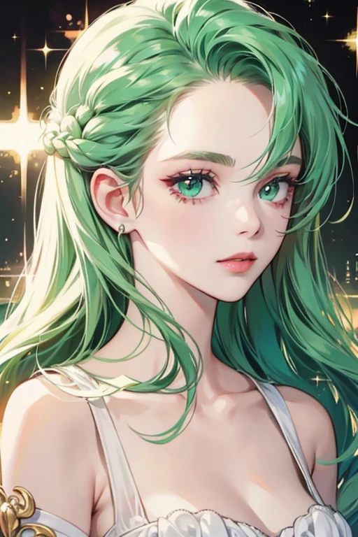 Hair in victory rolls, pale skin and green eyes SPARKLE; GLITTER