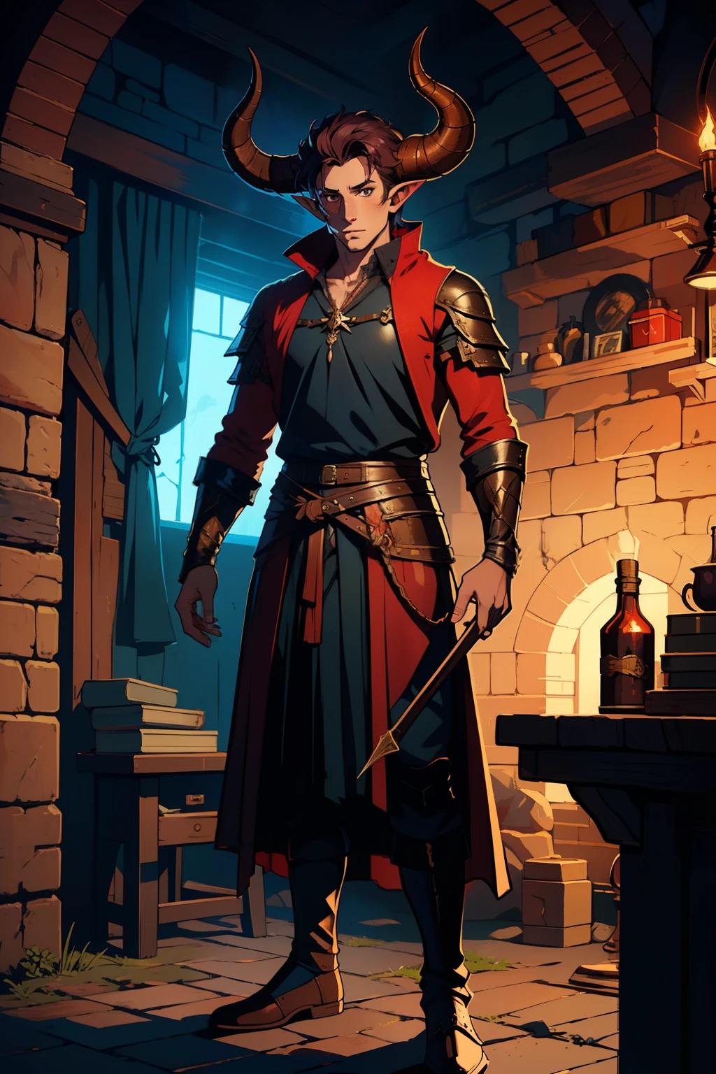 masterpiece, 1man, extremely detailed character, full body shot, best quality, dnd, dungeons and dragons, (Tiefling), (Artificer), dark red colored skin, horns, pointy ears, medieval era, brown and tan fantasy clothes, magic tool, anime style, (medieval leather blacksmith outfit)