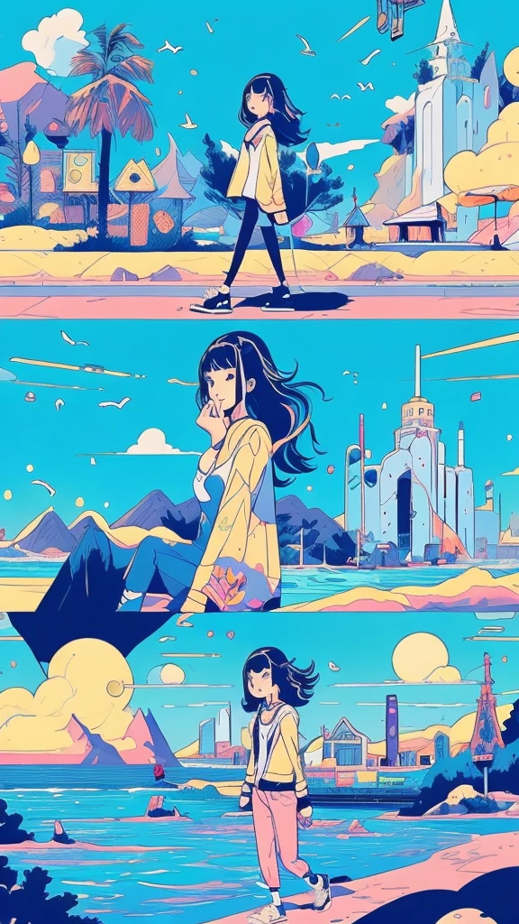 Manga style illustration, Digital anime illustration, In the art style of Bouwater, In the style of digital illustration, Illustration Style, Beautiful illustrations, Cute and detailed digital art, Beautiful digital illustrations, Great art style, Trending on artstration, Professional Illustration, Cute digital art, Reproduction illustrations, Beautiful drawing style,Walking around the city,Blue sky