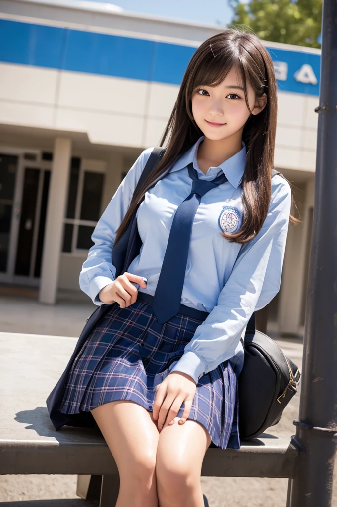 masterpiece, best quality, ultra high res, smile, One woman standing in a school uniform in a forest like Alice's Wonderland, upper body,