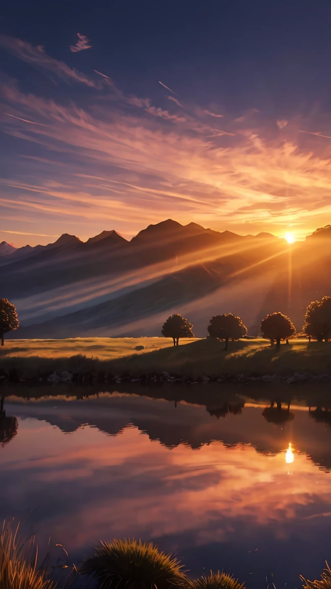 Sunset，Ethereal and beautiful surreal natural landscape, breeze, Tumbling clouds, Golden light poured down. Warm tones create a peaceful and dreamy atmosphere, Create a mysterious and tranquil atmosphere. (best quality,4K,8K,high resolution,masterpiece:1.2),Extremely detailed,(Practical,photoPractical,photo-Practical:1.37),Human Development Report,Ultra HD,Stunning scenery,Soft lighting,Bright colors