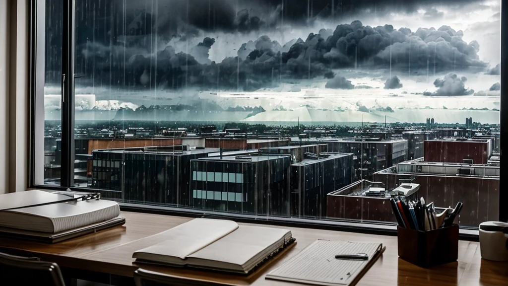 an image seen from inside an office with a table and a notebook on top and the view from outside the window, lots of rain falling and dark clouds in the distant horizon
