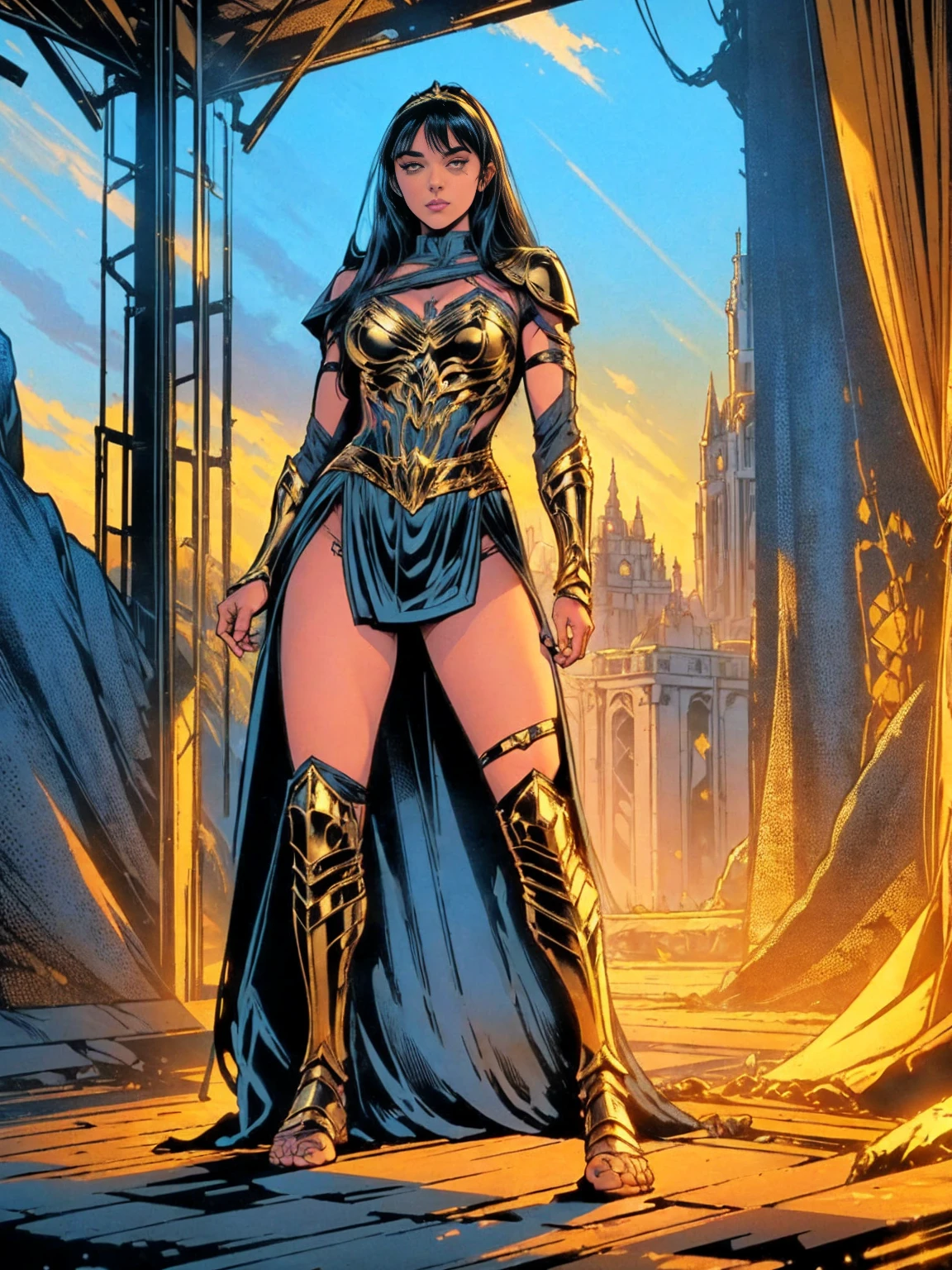 ((Full body photo,standing, feet on the ground)) Alison Tyler as a Valkyrie of Asgard, Yara_flor DC, A black-haired warrior girl with yellow eyes wearing black and gold Yara Flor armor