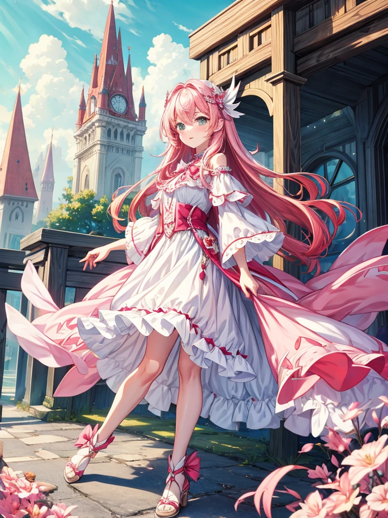 fantasy world girl with colorful hair, accessories, detailed clothes, pink hair, white and red clothes, short dress
