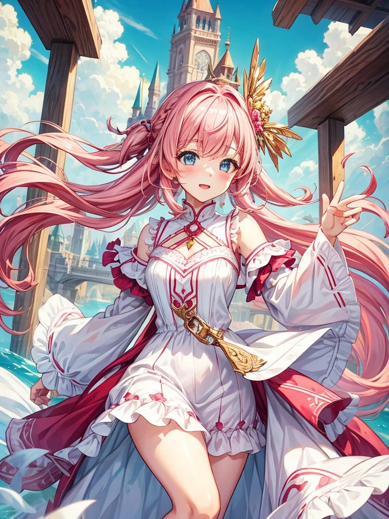 fantasy world girl with colorful hair, accessories, detailed clothes, pink hair, white and red clothes, short dress