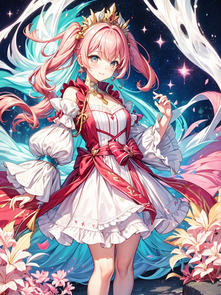 fantasy world girl with colorful hair, accessories, detailed clothes, pink hair, white and red clothes, short dress