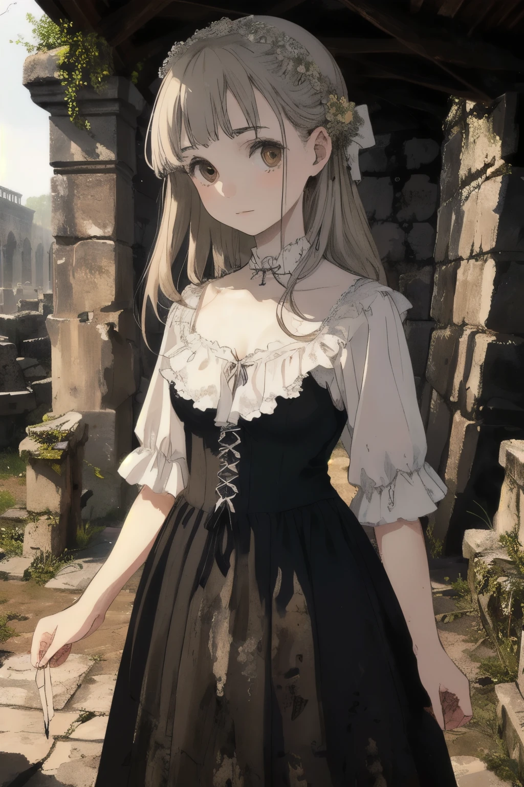 ((best quality)), ((masterpiece)), (detailed), 1 girl, an old worn dress, pale, ghostly, cute, ancient crypt in the background