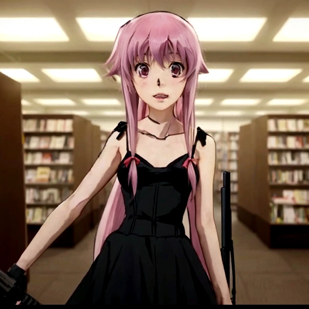 a woman in a black dress holding a gun in a library, mirai nikki, as an anime character, anime girl wearing a black dress, anime girl named gasai yuno, anime style like mirai nikki, in the anime film, screenshot from a 2012s anime, female anime character, still from tv anime, 26 - year - old anime goth girl