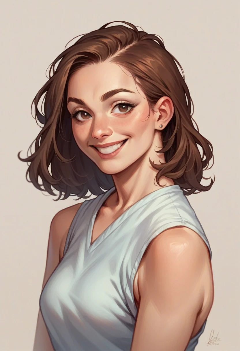 Human, white oreana, realisitic, with brown hair and smiling.