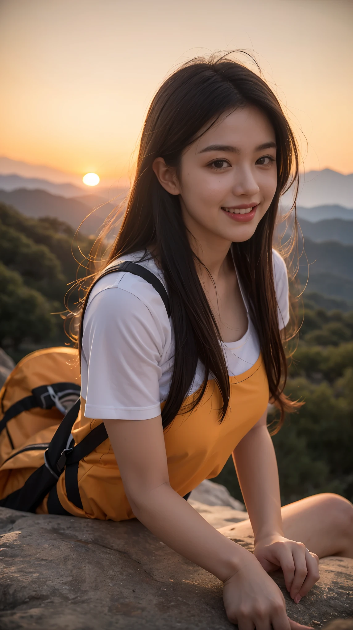 NSFW, ray tracing, radio city, Anisotropic filtering, 16,000, best quality, 1 girl, alone, mature,  beautiful climber, Hiking clothes, gradient long hair, mountaineering equipment、laugh、orange sunset、big bust、valley