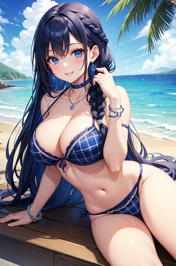 Highest quality、Highest quality、masterpiece、(8K),beauty(Age 25)、Navy blue long hair(Braiding of sides)、blue eyes、Sexy Bikini(Plaid)、Big cleavage、(Big Breasts)、smile、blue necklace、Blue Earrings、background(Beach)、Please open your mouth wide、bracelet、Arch Pose、Blue choker
