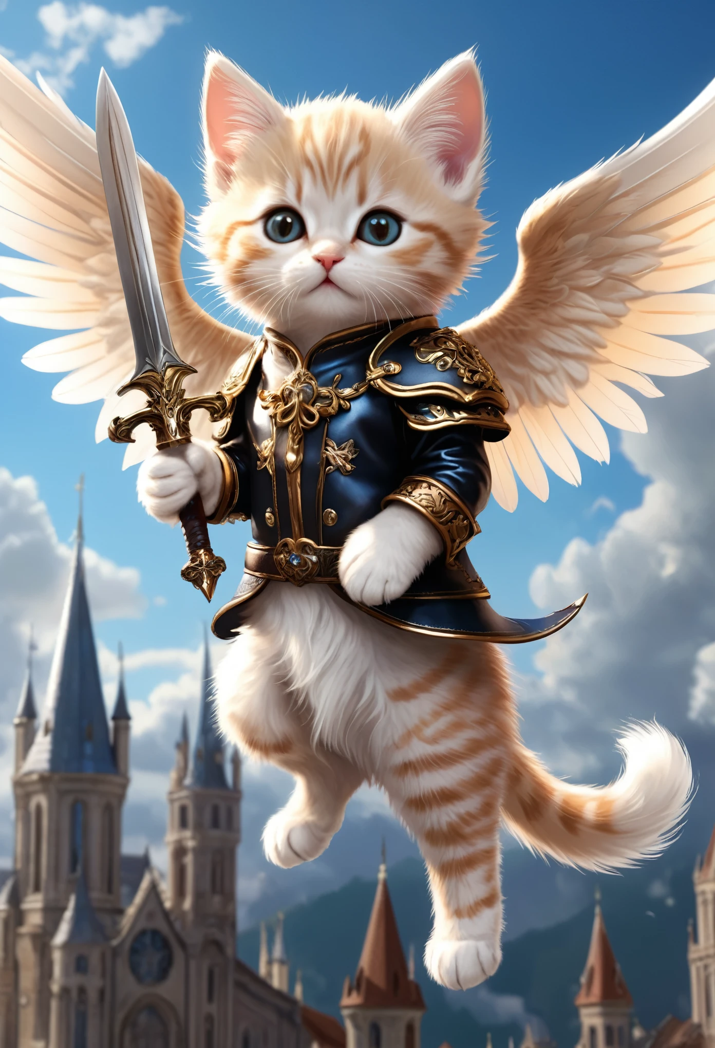 (Soft epic drawing:1.3), close-up of (cute anthropomorphic kitten angel:1.3) (holding long sharp magic blade:1.2), (long intricate robe:1.2), wide wings, (sitting on edge of modern building:1.3), colorful buildings, masterpiece in maximum 16K resolution, best quality, ultra detailed.