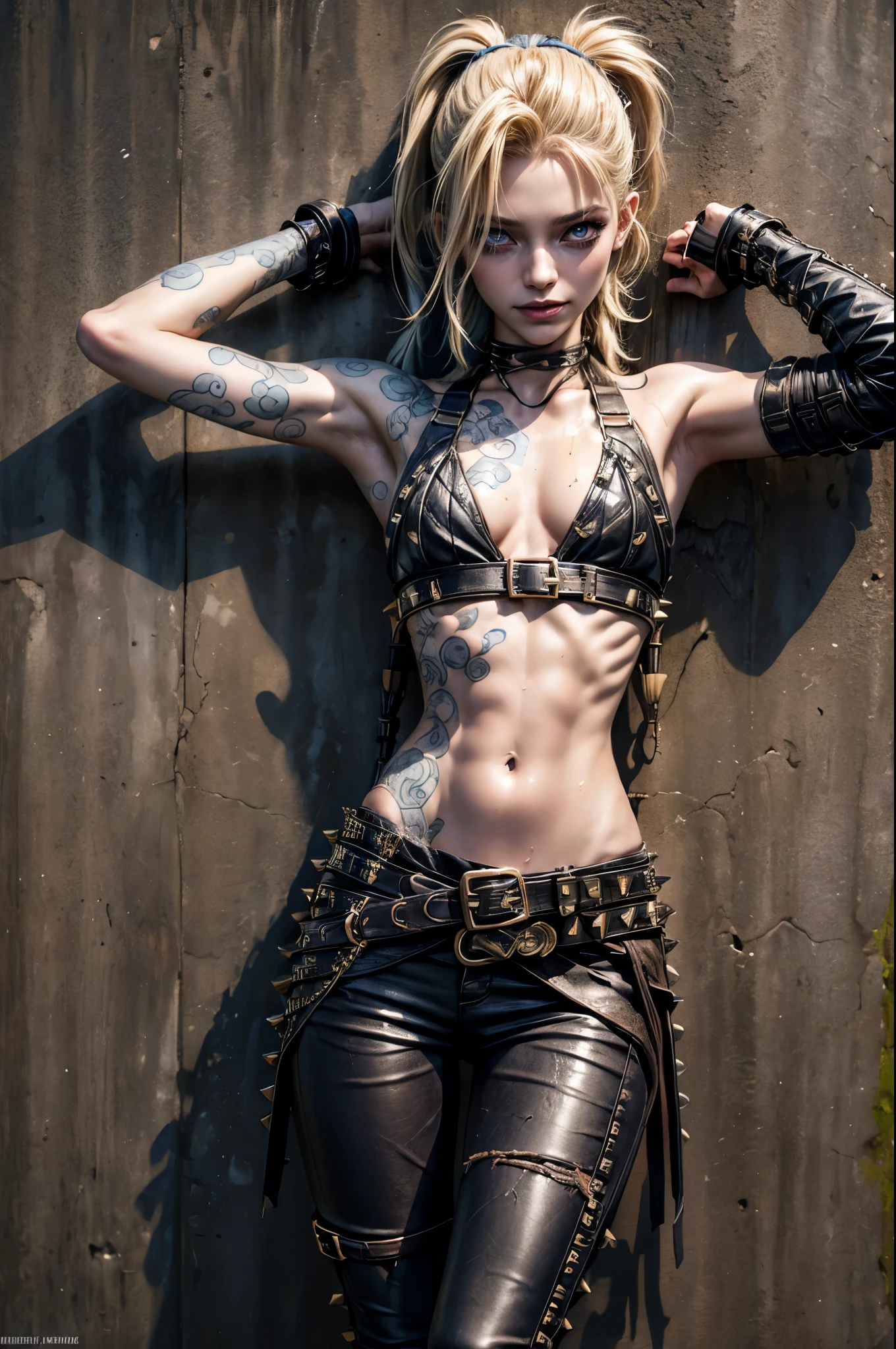 (RAW photo, best quality), Cute jinx girl with blond hair, (double ponytail blond hair), (hair over one eye), (alley background), sunlight, very dark eyeliner, jinxlol, cute smile, gorgeous face , super cute, punk, healthy face, , young looking, hyper detailed face, detailed skin, heavy dark eyeliner, (enormous super sized breast), (thin waist, slender, skinny), ((tight dirty and worn down leather pants)), LowriseXL, ((belt bra)), ((leaning back against wall)), (((three bullet belts))), (((three studded belts))), exposed midriff, tattoos, ((((navel piercing)))), ((((bellybutton piercing)))), (thigh belt), leather arm sleeves, ((many hip chains)), ((rock hard abs)), putting weight on one leg, perfecteyes eyes, muddy skin, wet skin, oily skin, ((leaning against wall whilst touching hair))
