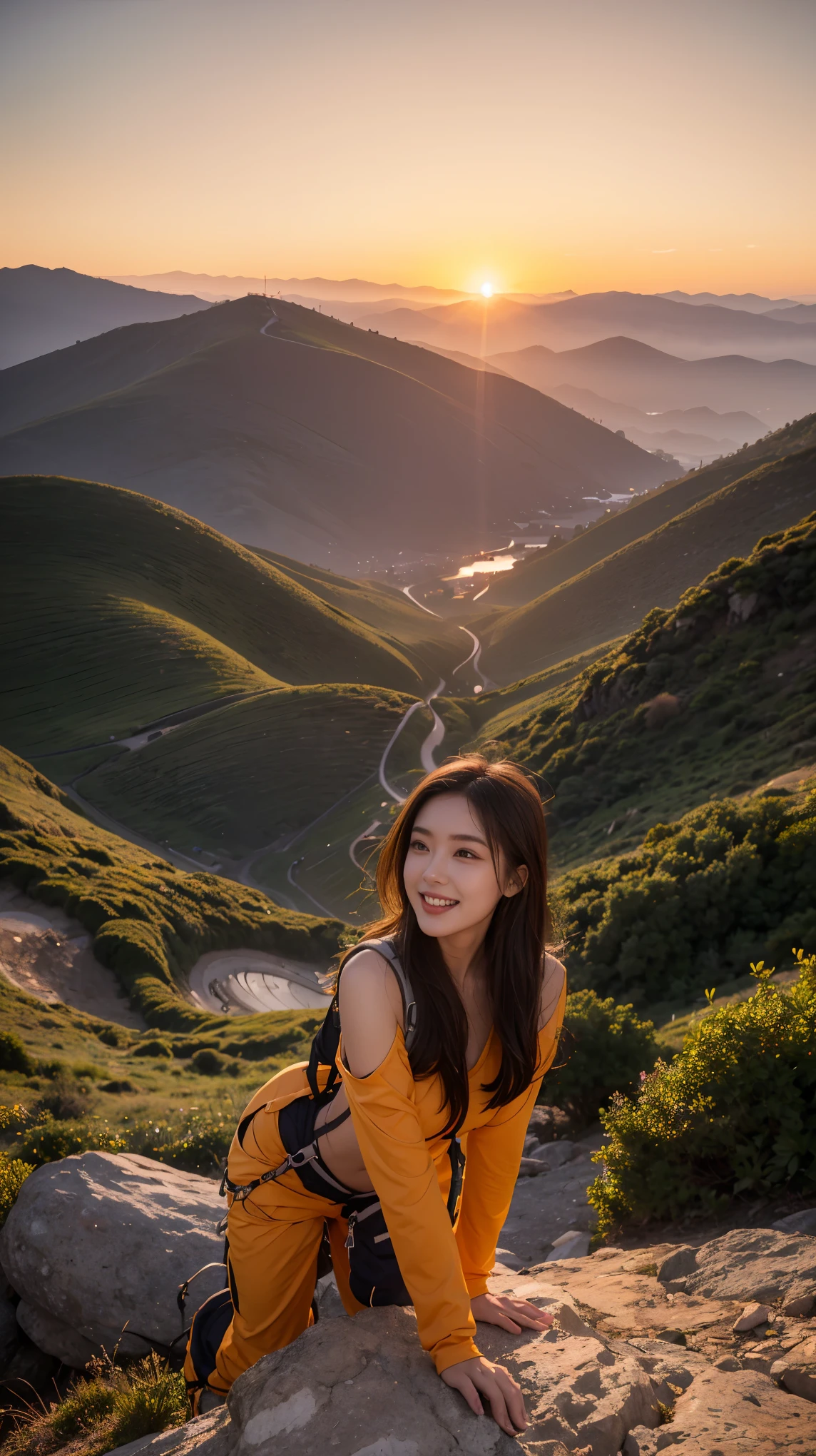 NSFW, ray tracing, radio city, Anisotropic filtering, 16,000, best quality, 1 girl, alone, mature, beautiful climber, Hiking clothes, gradient long hair, mountaineering equipment、laugh、orange sunset、big bust、valley