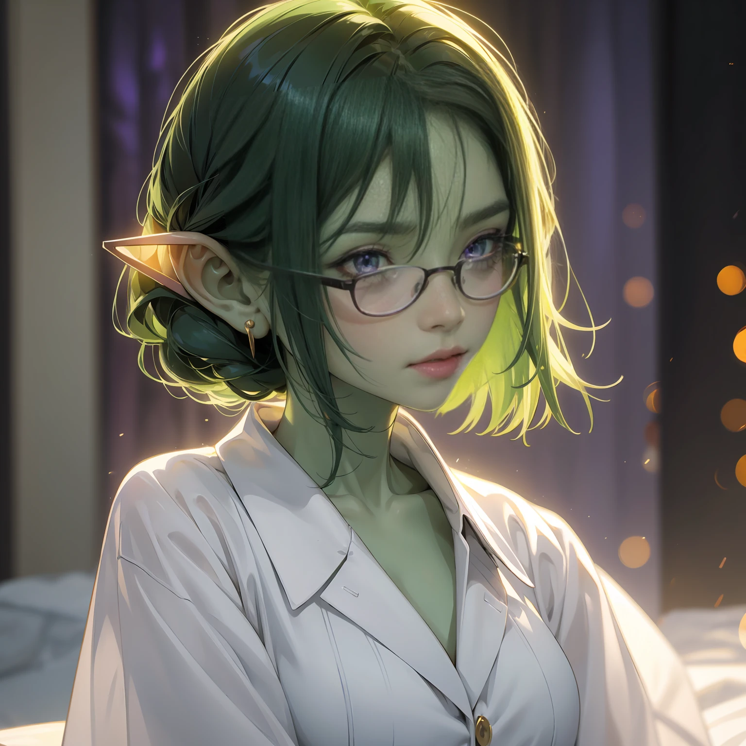 ((best quality)), ((masterpiece)), (detailed), perfect face, beauty headshot of a 3 foot tall girl wearing white button down shirt, green skin, pointy ears, very shy, wearing black rimmed glasses, short dark green hair, dynamic lighting, purple eyes, detailed eyes, focus on eyes, beautiful, glamourous, 3/4 profile shot, looking at viewer, posing, soft lighting, romantic
