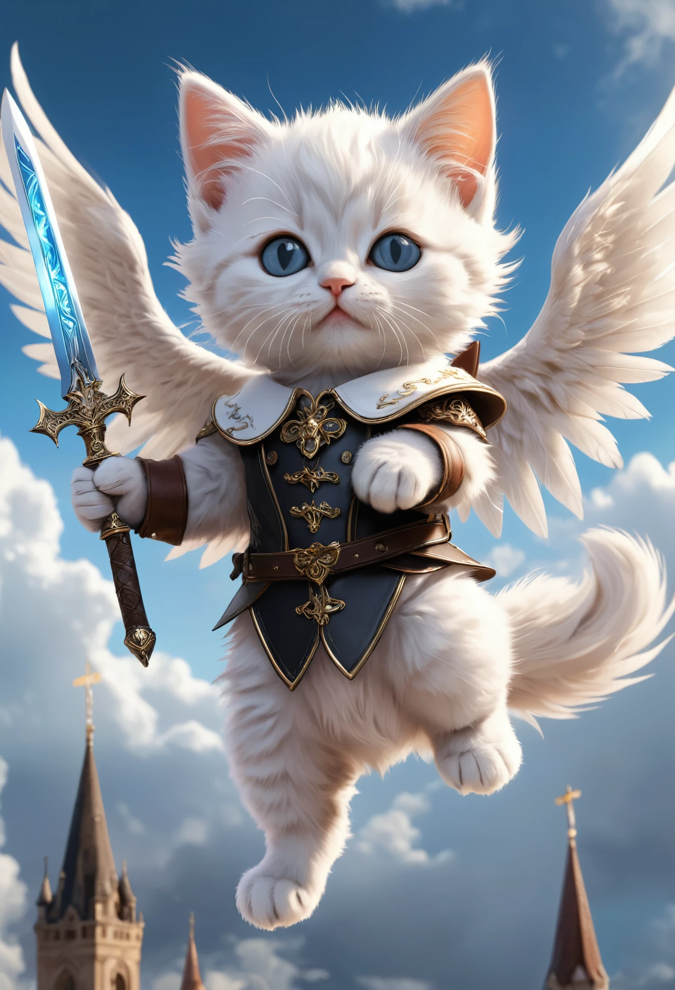 (Soft epic drawing:1.3), close-up of (cute anthropomorphic kitten angel:1.3) (holding long sharp magic blade:1.2), (long intricate robe:1.2), wide wings, (sitting on edge of modern building:1.3), colorful buildings, masterpiece in maximum 16K resolution, best quality, ultra detailed.
