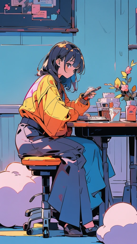 Line art, 
One Girl, alone, short hair, Black Hair, Long sleeve, Sitting, barefoot, indoor, Food, barefoot, Telephone, table, Raise your knees, desk work, fish, bubble, Underwater, Air bubbles,Chiquita