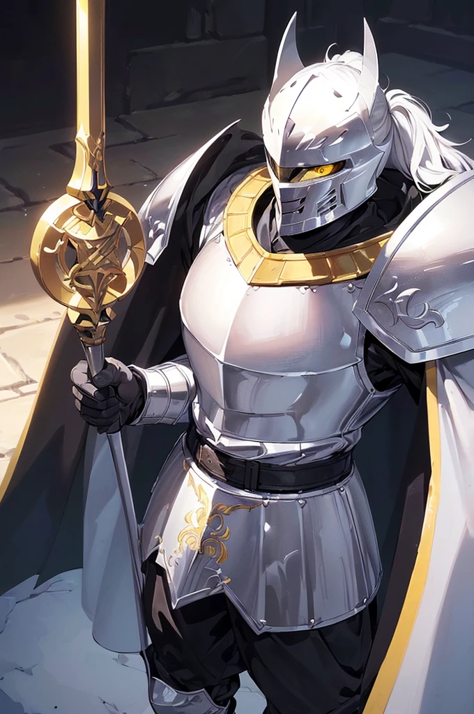 (masterpiece; best quality: 1.2), (finely detailed eyes: 1.3), ((full armored knight man)), ((solo)), (yellow eyes: 1.4), (body; muscular, lean, masculine: 1.3), (beautiful and clear background: 1.2), ((depth of field)), (equipment: full plate black medieval armor + closed helmet + white ponytail on helmet + long black cape: 1.3), (anime illustration: 1.2), (background composition; fantasy castle corridor + furniture: 1.1), (extremely fine and handsome: 1.1), (shot composition; standing + centered on torso + close-up: 1.5), (expression; calm, stoic: 1.2)