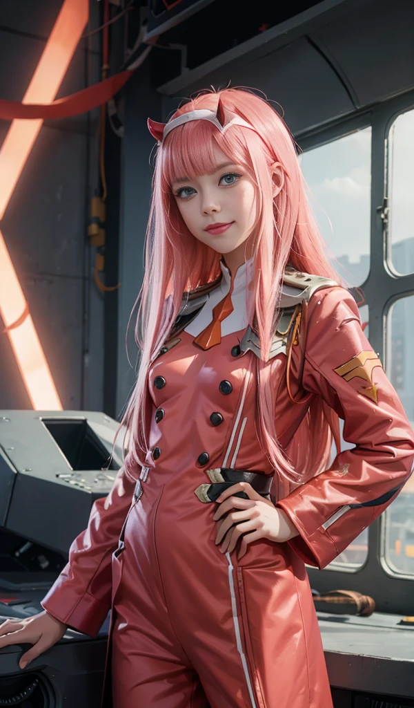 Very detailed background, masterpiece, best quality, 1girl, solo, ((masterpiece, best quality)), best aesthetic, Zero Two, , (smile), (Darling in the Franxx), Darling in the Franxx , bangs, biting , blush, shadow, green eyes, hair behind the head, hand on hip, horns, long hair, looking at the viewer, makeup, pilot costume, red costume, pink hair, red shadow, science fiction, skin stretched,super detailed, lolipop in mouth 