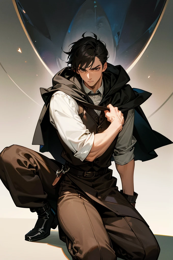 (absurderes, hight resolution, ultra-detailliert), 1 male, Adult, Handsome, High muscular face, broad shoulders, finely detailed eyes, Short black hair, Brown eyes, Black cloak, Wearing a hood, Leather Vest, Leather bag at waist., 2 daggers on the belt, castle, Medieval atmosphere, Natural Light and Shadow, Bright particles fly around a person, Fantastic, Mysterious, Bright glow, Seated Pose, Serious expression, Cold, thoughtful, Mouth Shut
