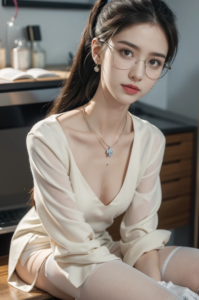 (((best quality))),(((ultra detailed))),(((masterpiece))),illustration,((1 beautiful girl,solo)),((slim,thin)),((small breasts,flat chest)),futuristic laboratory, ((stylish glasses,detailed eyes)), intelligence, white lab coat,(short ponytail:1.2), flawless skin,(laughing:1.2),(earrings,crystal necklace),(stockings:1.3), cyberpunk vibe, high-tech equipment, darkened lighting, high-altitude lamps, beakers, flasks, test tubes, computer screens, consoles, terminals, scientific wonderland, desolate surroundings, time warp, motionless, deep in concentration, profound scientific mystery, secrets of the universe, beauty, poignancy, essence of science, mystery, alluring appeal, captivating, enchanting,((from front,upper body,sitting on the table,arms behind back,spread legs apart))
