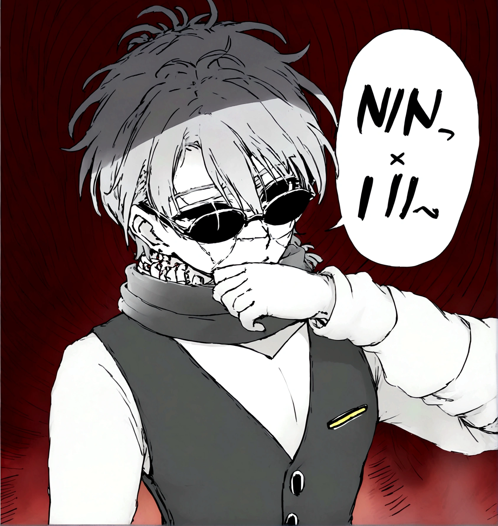 Color this picture with human details, and I want red rays around us, and in an anime and cartoon style in coloring.