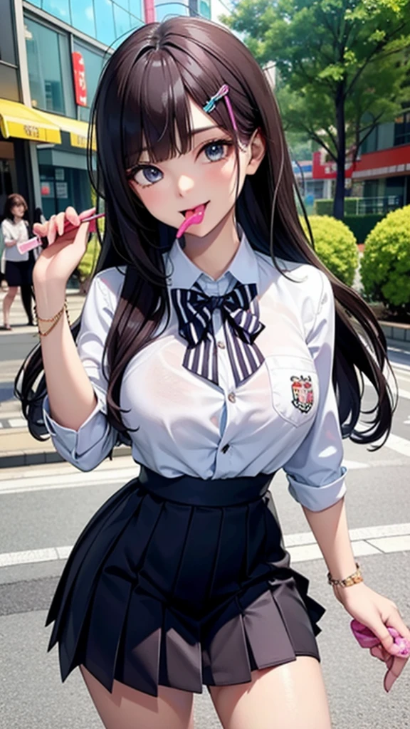 (Highest quality), (so beautiful), (Super detailed), (Best illustrations), Gal, Improve, alone, 1 dog, Rainbow Hair,Long Hair, Messy Hair, Random color eyes, , candy stripe dress shirt, Pleated skirt,Tokyo,Fancy city,Laughing with your mouth open
