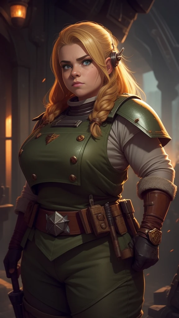 (high-angle shot), warhammer 40k imperial guardsman, ((female dwarf)). blonde hair, bare hand, hobbit, hafling, pants, (green bulletproof vest), ((large nose)), large expressive eyes, ((in a rusty spaceship)), chubby face, (eye black), black paint under eyes, dirty, holding a (big food)