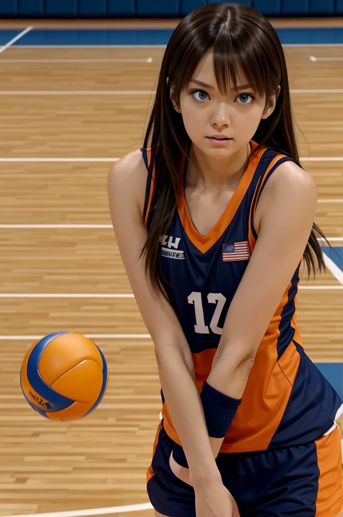 Haikyuu anime screenshot, Haikyuu anime screenshot, Long brown hair girl, with blue eyes, wearing navy blue and orange volleyball uniform, On a volleyball court