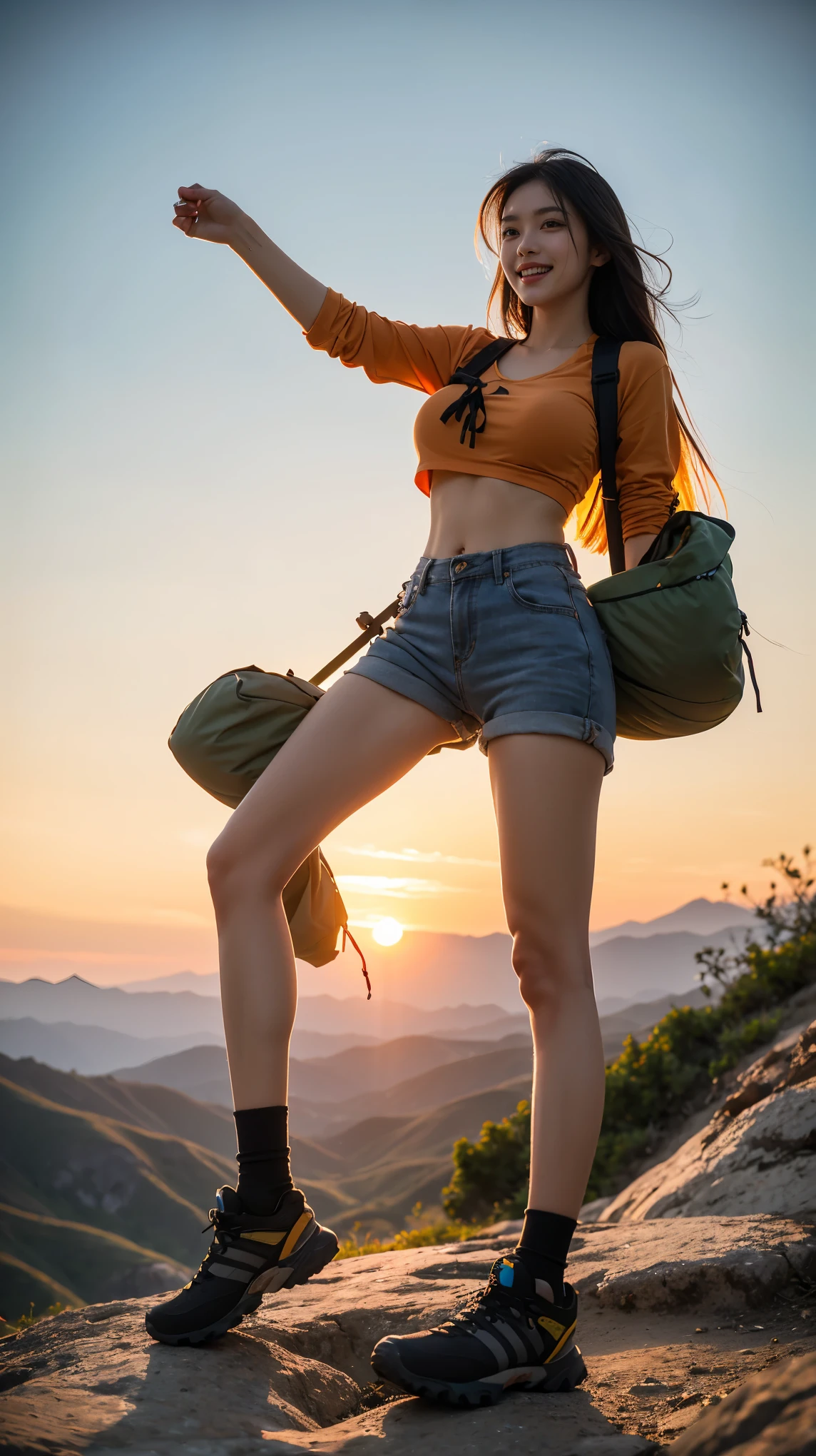 NSFW, ray tracing, radio city, Anisotropic filtering, 16,000, best quality, 1 girl, alone, mature, beautiful climber, short pants hiking clothes, gradient long hair, mountaineering equipment、laugh、orange sunset、big bust、valley