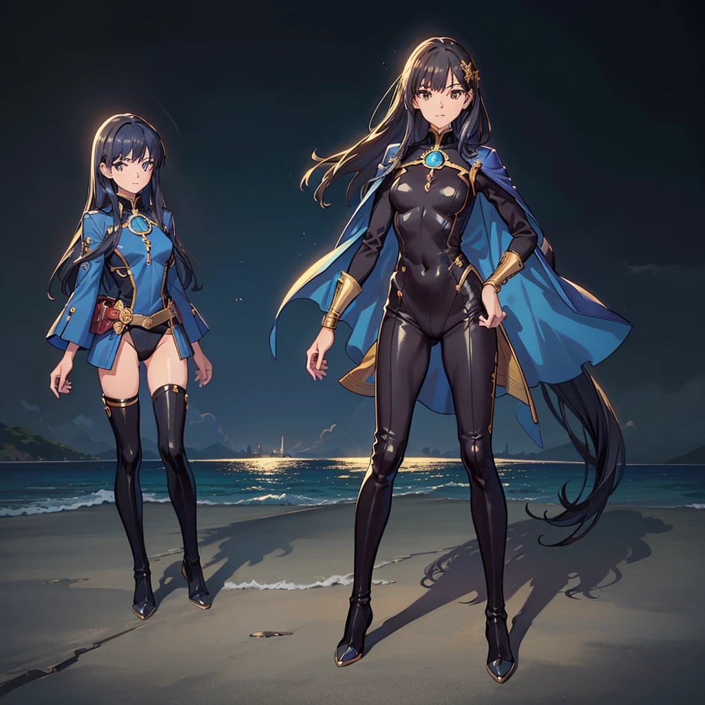 ((Full body photo, standing, feet on the floor)) 2girls, highest quality、shoe without heel, Realistic、female、Japanese、zoom、cute、Brown eyes、Black Hair、long hair、Blue hero suit、Gold accents on suits、Shiny bodysuit、Ocean
