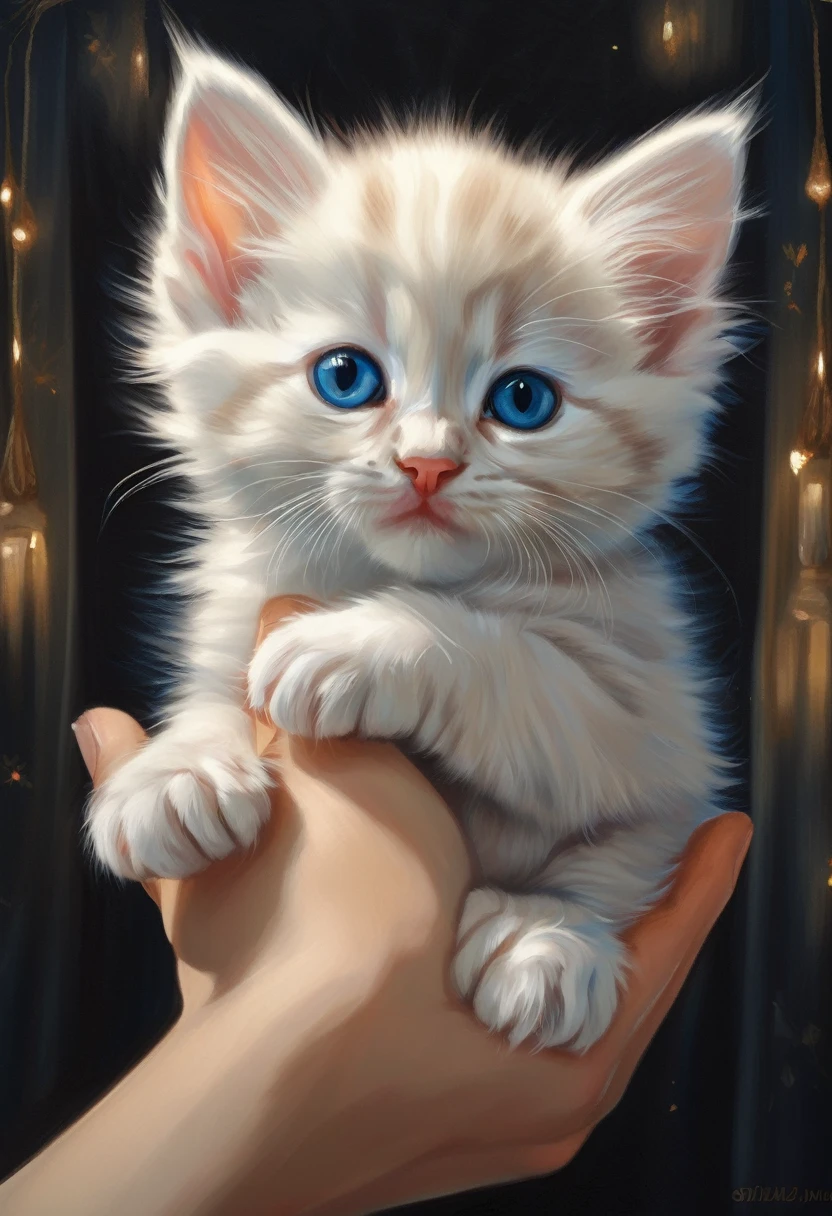 A realistic painting of a small, fluffy kitten being held in a person's hands. The kitten is cream-colored with big, round blue eyes and looks very cute and innocent. The background includes dark curtains, giving a cozy and indoor setting. The person's hands gently cradle the kitten, emphasizing its tiny size and adorableness.