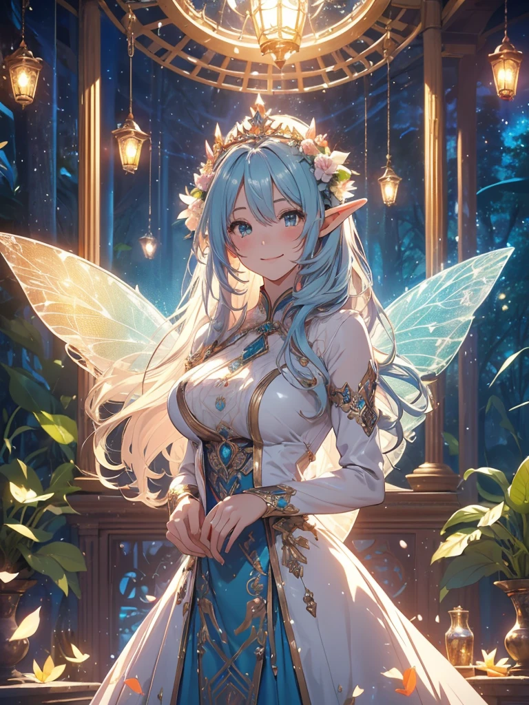 最high quality、1woman elf 、Beautiful foam、、CourtyardShining fairy wings、Flower fractal art　　、see-throughbodystocking,Beautiful side shot, radiance,High-definition depiction, Realistic, 8K, Unity, beautiful Shot, light smile, Beautifully and vividly drawn, , Beautiful, beautiful, clear skin、sexly,beautiful dress,Countless rays of light pouring down, Swirling Light, big background, Raise one arm above your head, Intense light is emitted from the magic circle in front of the girl.   forest、Lots of leaves、green leaves、flower、Particles of light、Bedroom at night、Magic garden、Fairy tale、Big Breasts、sexy、
Romanticism,Cowboy Shot: The most beautiful form of chaos, Mr..々colour, Intertwined flowers, Particle,magical gentle light,smile,sexly,image quality、masterpiece、Beautiful Face、Super beautiful elf woman((Big breasted 22 year old office lady、Bust 100,Beautiful long ironed hair 、bionde hair,height: 165cm。、sexly、ANDsbian、、high quality、、Visual art、Written boundary depth、、ANDlf ANDars、、universe、Happy smile、gentle light、ANDlf forest、elegant、ticker beautiful decorative、、magic、forest、beautiful tiara、Beautiful bed、Beautiful Landscape、A kind smile、wonderful、Fluttering petals、Dance happily、、Cultivate fantasy、、Mystery light　Lots of flowers、、art、forest, palace, art,mystery,Ultra-high resolution,atmosphere A colorful and dreamy anime-style illustration of a young girl with beautiful hair, amidst a vibrant, mechanical landscape. She is wearing a casual surrounded by a kaleidoscope of colors and glowing lights. The background is filled with whimsical details and a magical atmosphere. --ar 3:4 --style raw --stylize 600 --niji 6、throne  forest