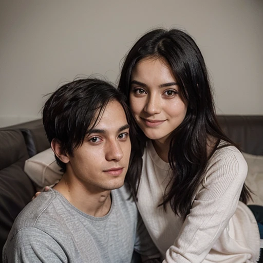 Emo couple, she is Mexican, he is Polish, Instagram photo, looking happy Looking at the camera  with pijama comfy mirando a los seguidores en videollamada