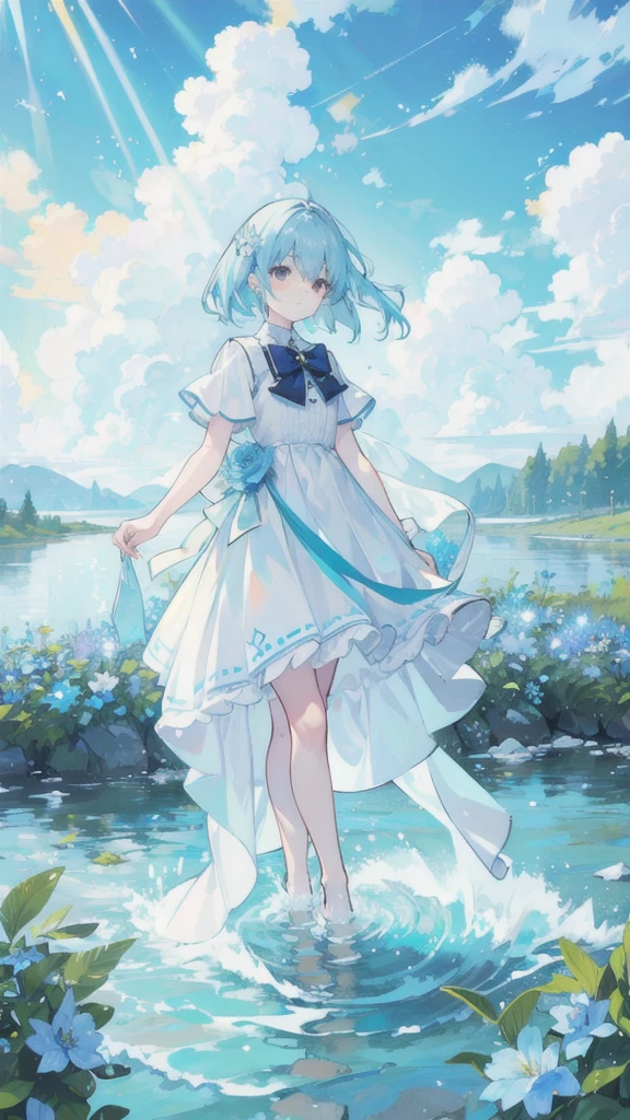 cloud,rays of sunhine,sun,beam,Tyndall effect,Light,trace,Light blue flowers,Looking from afar,riverside,River Water,Sky blue color scheme 1.6