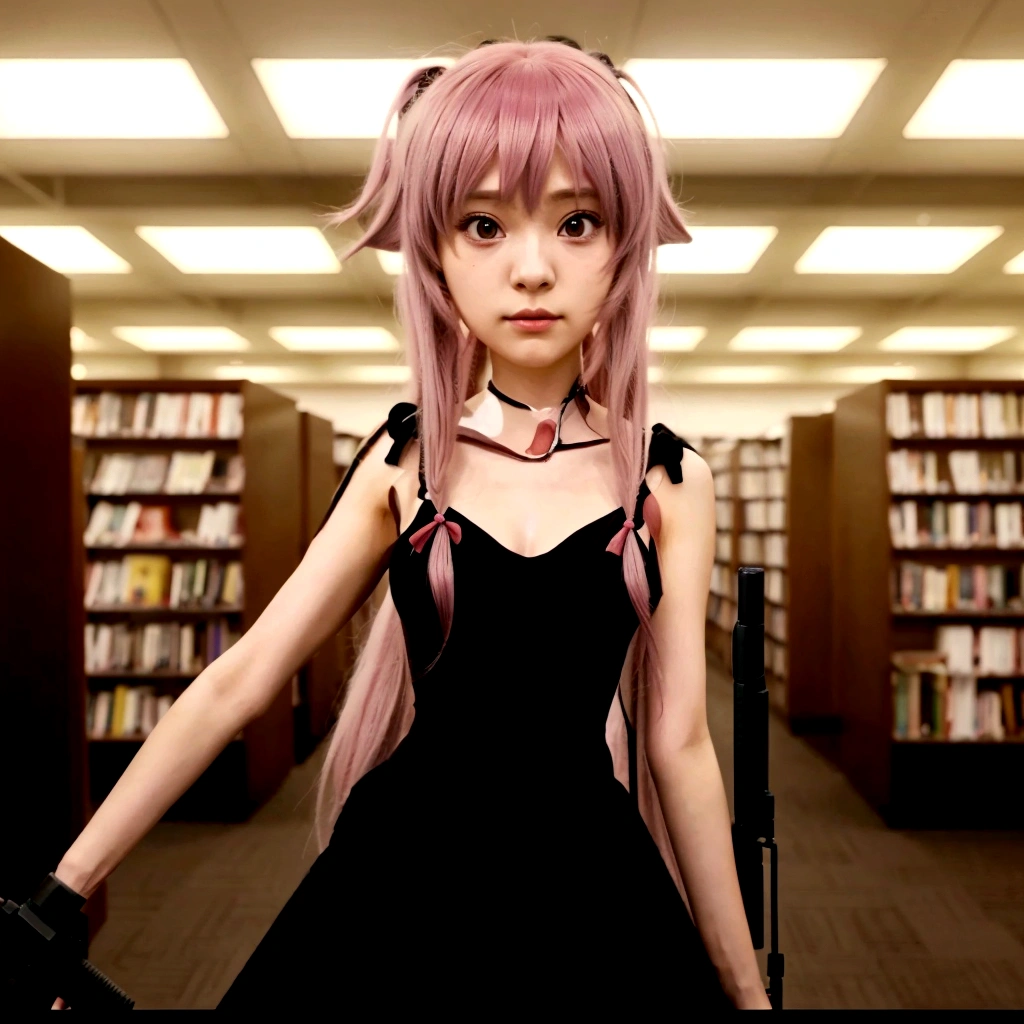 a woman in a black dress holding a gun in a library, mirai nikki, as an anime character, anime girl wearing a black dress, anime girl named gasai yuno, anime style like mirai nikki, in the anime film, screenshot from a 2012s anime, female anime character, still from tv anime, 26 - year - old anime goth girl