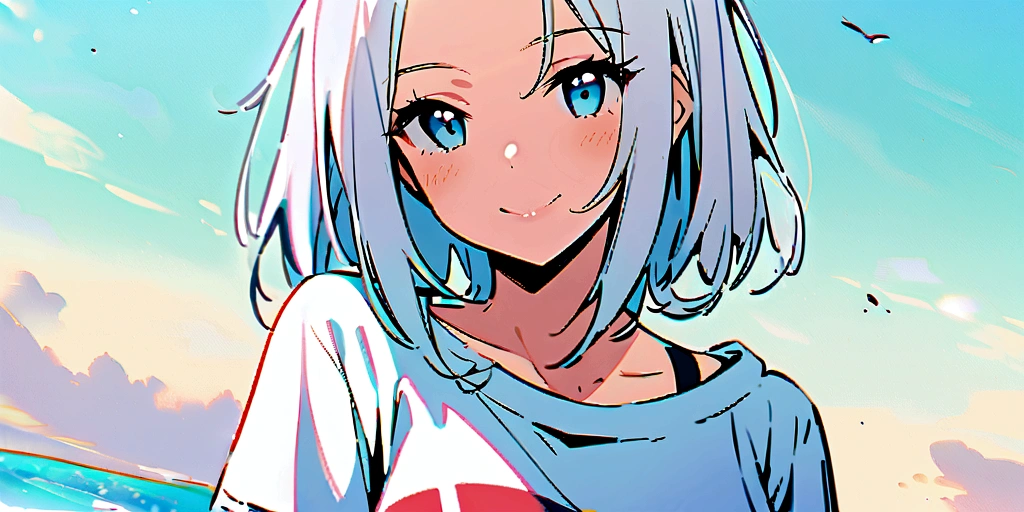One girl, whitish eyes,center parted hair、forehead,sholder length hair、medium hair、white hair、T-Shirts,(crop top navel:0.8)、gentle smile、Very sexy、upper body,from front,