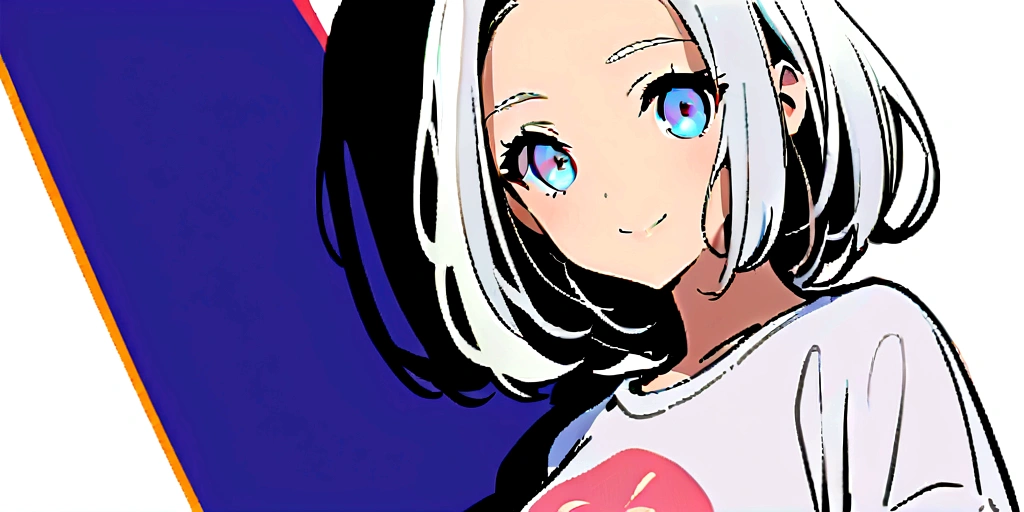 One girl, whitish eyes,center parted hair、forehead,sholder length hair、medium hair、white hair、T-Shirts,(crop top navel:0.8)、gentle smile、Very sexy、upper body,from front,