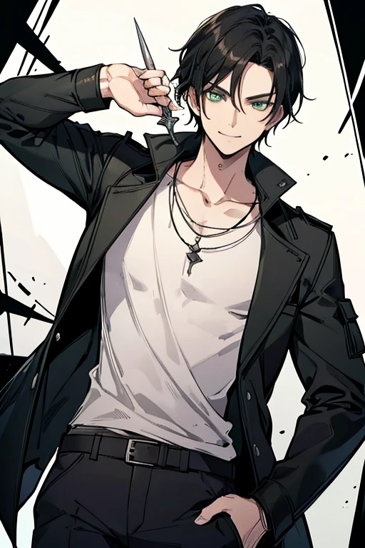 perfect face, perfect hands A gothic handsome black haired man with green eyes in a short sleeve shirt and cargo pants and a loose giant jacket is exploring a mausaleum with a smile and a dagger in his hand