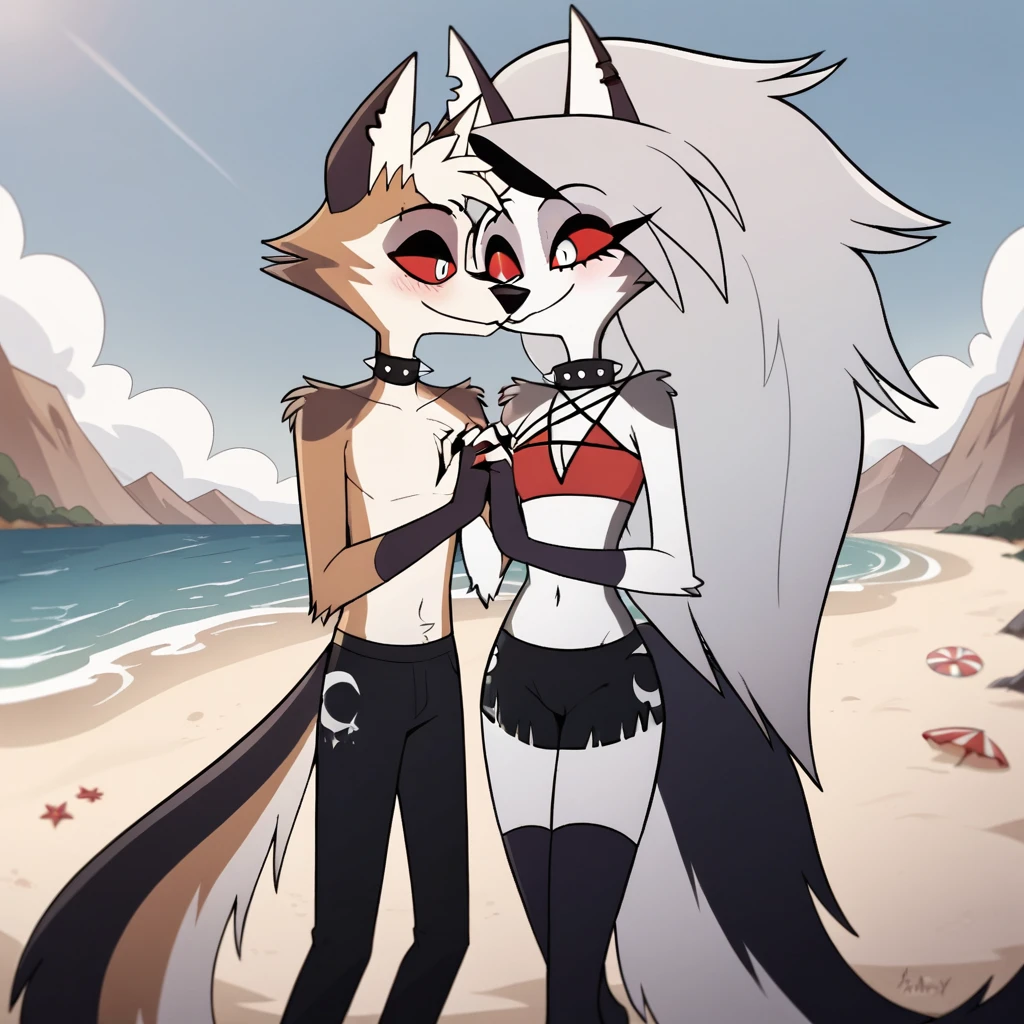 score_9, score_8_up, BREAK, source_anime, uncensored, perfect body, slim, thigh highs, fingerless gloves,
anthro, furry, pose, sexy,
Loona \(Helluva Boss\), NSFW, red swimsuit, bikini, head back, anthro male maned wolf with long spiked white hair and black face, black boxers, blushing, high detail, walking on beach, holding hands, smiling, open eyes, larger male, cuddling, laying o