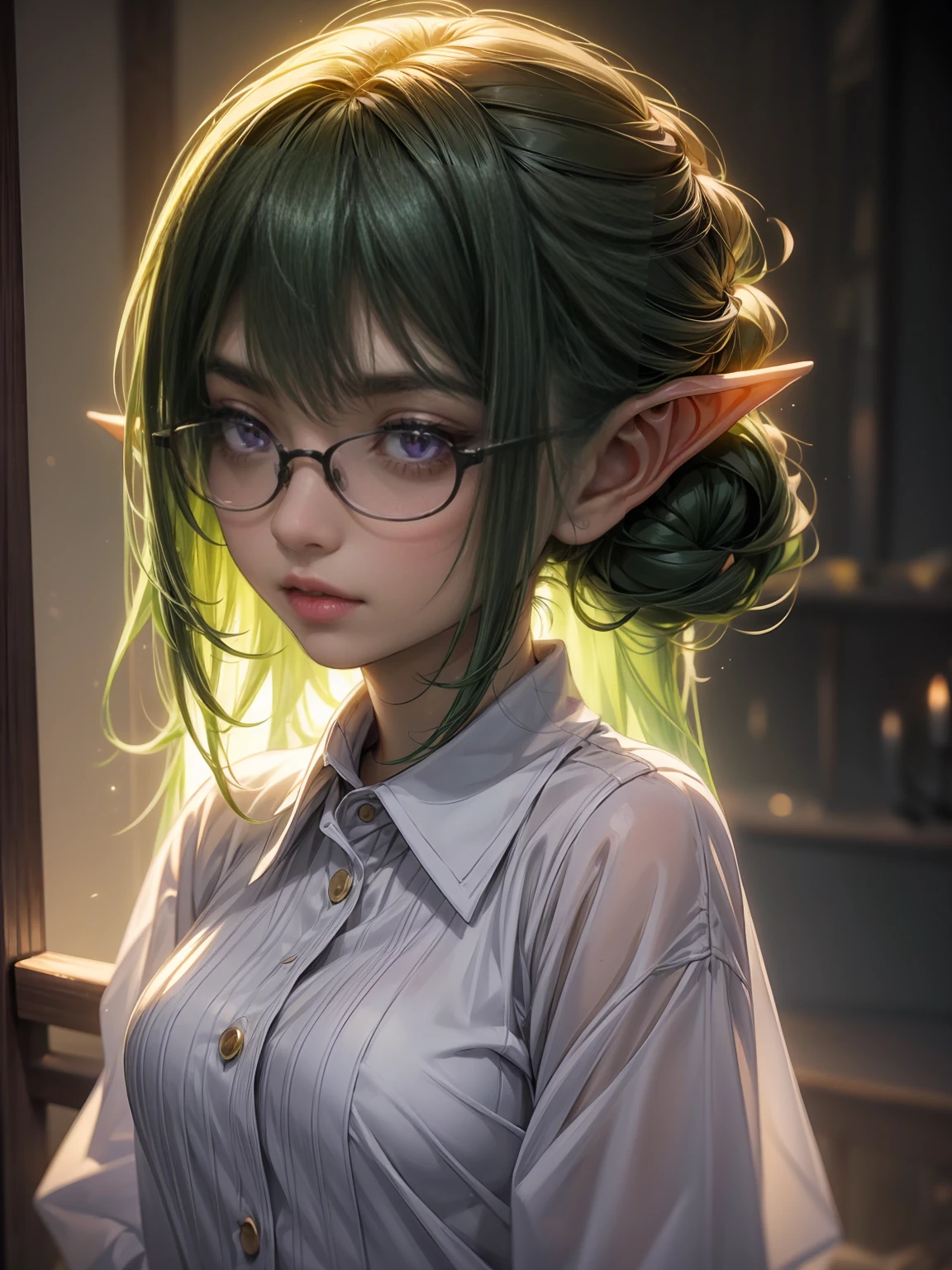 ((best quality)), ((masterpiece)), (detailed), perfect face, beauty headshot of a 3 foot tall girl wearing white button down shirt, green skin, pointy ears, very shy, wearing black rimmed glasses, short dark green hair, dynamic lighting, purple eyes, detailed eyes, focus on eyes, beautiful, glamourous, 3/4 profile shot, (looking at viewer), posing, soft lighting, romantic