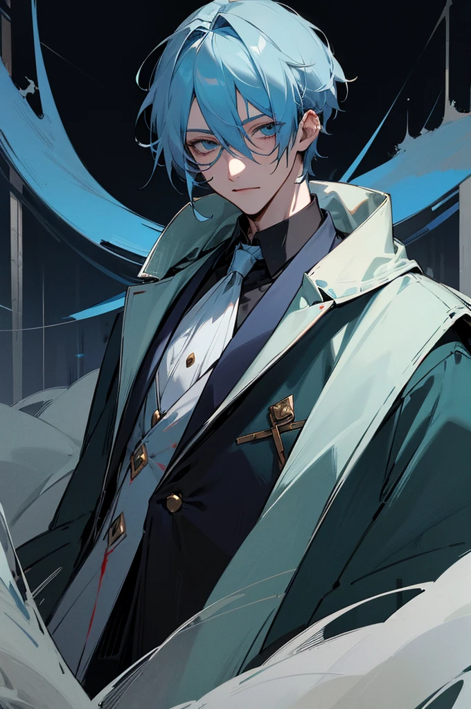 dottore, 1boy, eye mask, light blue hair, fur-trimmed coat, male focus, blood on clothes, blood, solo, detailed face, looking at viewer, potrait, upper body, dark, night, moon, forest, (masterpiece:1.2, best quality)