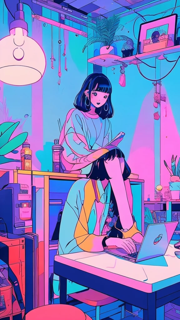 cartoon girl sitting at a desk with a laptop computer, cartoon style illustration, digital anime illustration, in the art style of bowater, in style of digital illustration, illustration style, beautiful illustration, cute detailed digital art, beautiful digital illustration, stunning art style, trending on artstration, proffesional illustration, cute digital art, procreate illustration, beautiful drawing style,黒いロングヘア