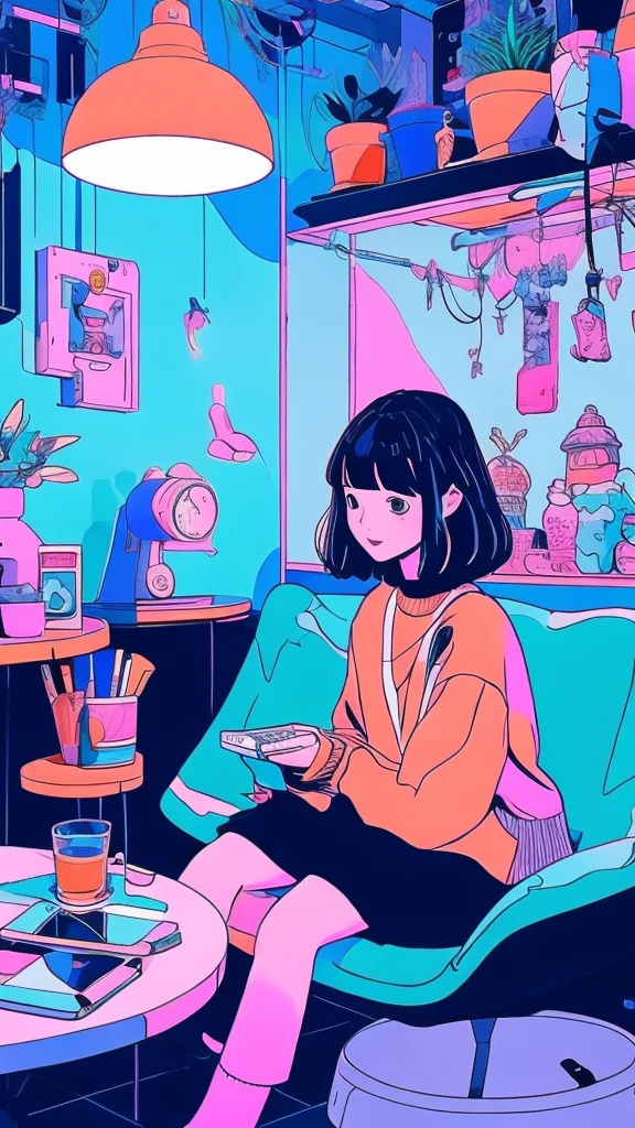 cartoon girl sitting at a desk with a laptop computer, cartoon style illustration, digital anime illustration, in the art style of bowater, in style of digital illustration, illustration style, beautiful illustration, cute detailed digital art, beautiful digital illustration, stunning art style, trending on artstration, proffesional illustration, cute digital art, procreate illustration, beautiful drawing style,黒いロングヘア