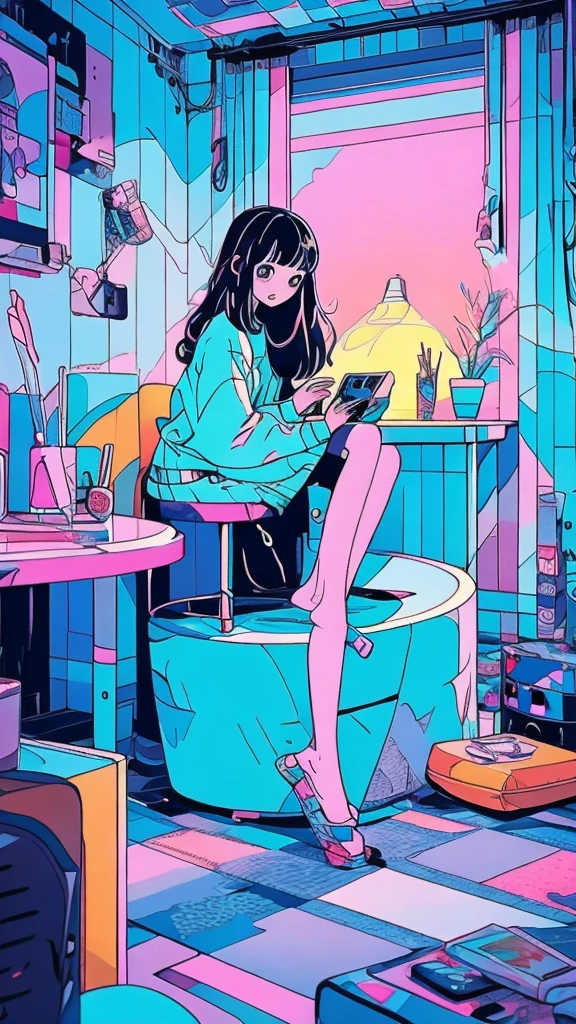 cartoon girl sitting at a desk with a laptop computer, cartoon style illustration, digital anime illustration, in the art style of bowater, in style of digital illustration, illustration style, beautiful illustration, cute detailed digital art, beautiful digital illustration, stunning art style, trending on artstration, proffesional illustration, cute digital art, procreate illustration, beautiful drawing style,黒いロングヘア