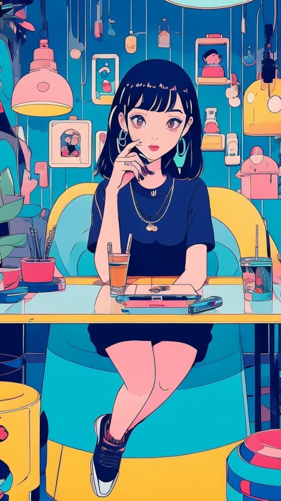 cartoon girl sitting at a desk with a laptop computer, cartoon style illustration, digital anime illustration, in the art style of bowater, in style of digital illustration, illustration style, beautiful illustration, cute detailed digital art, beautiful digital illustration, stunning art style, trending on artstration, proffesional illustration, cute digital art, procreate illustration, beautiful drawing style,黒いロングヘア