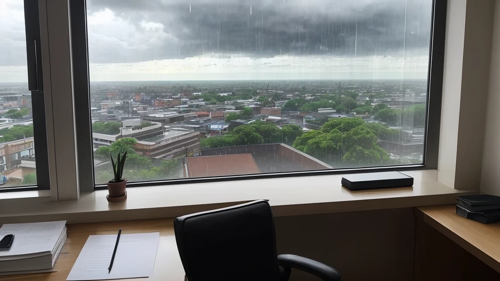 an image seen from inside an office with a table and a notebook on top and the view from outside the window, lots of rain falling and dark clouds in the distant horizon