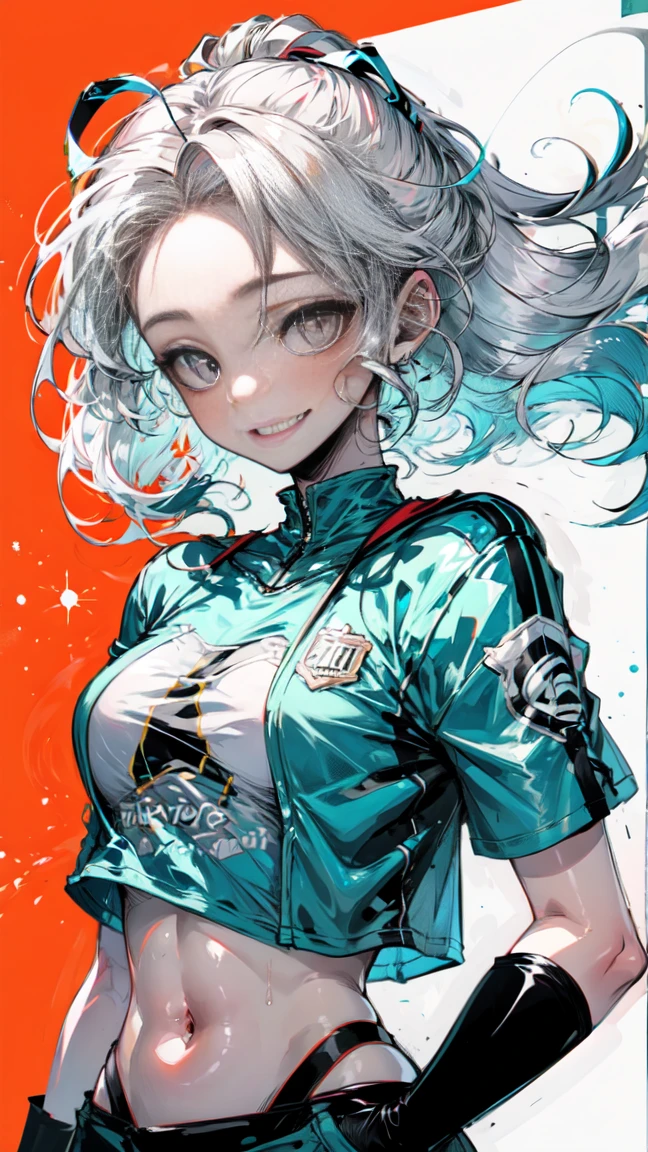  One girl, whitish eyes,center parted hair、forehead,sholder length hair、medium hair、white hair、T-Shirts,(crop top navel:0.8)、gentle smile、Very sexy、upper body,from front,
