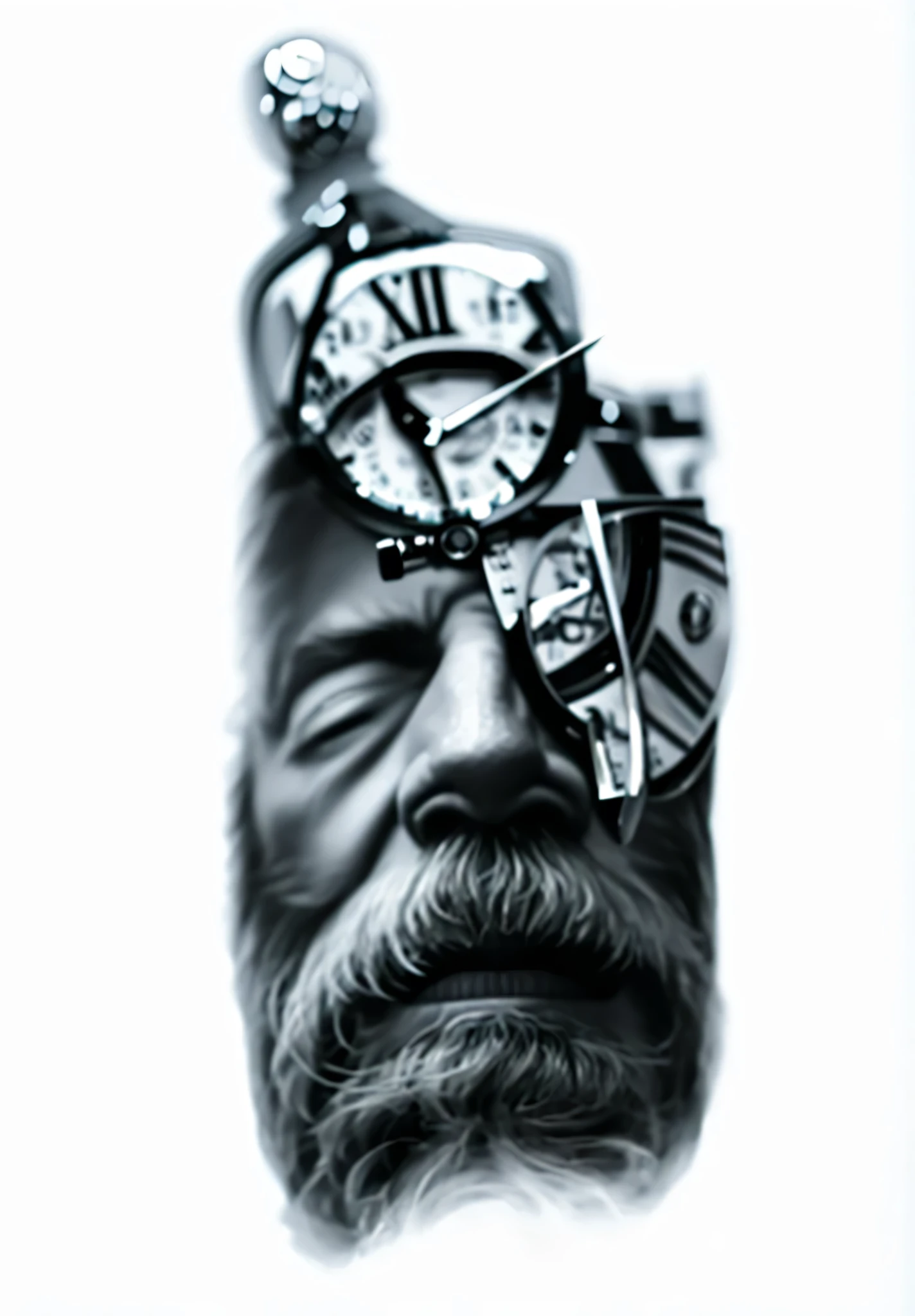 Face of an old man, de olhos fechados, defined beard with a broken watch over one eye, 8K, High definition, Reality, non-blur