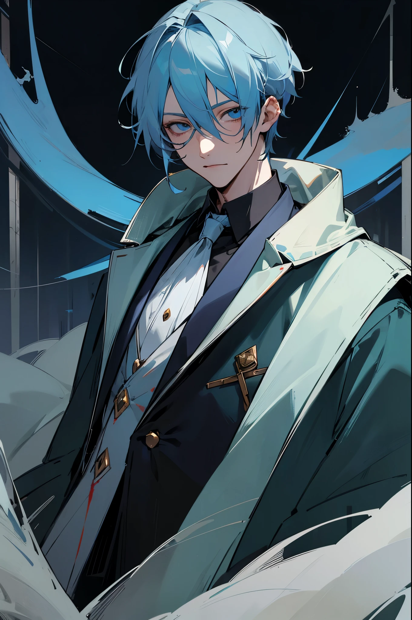 dottore, 1boy, eye mask, light blue hair, fur-trimmed coat, male focus, blood on clothes, blood, solo, detailed face, looking at viewer, potrait, upper body, dark, night, moon, forest, (masterpiece:1.2, best quality)
